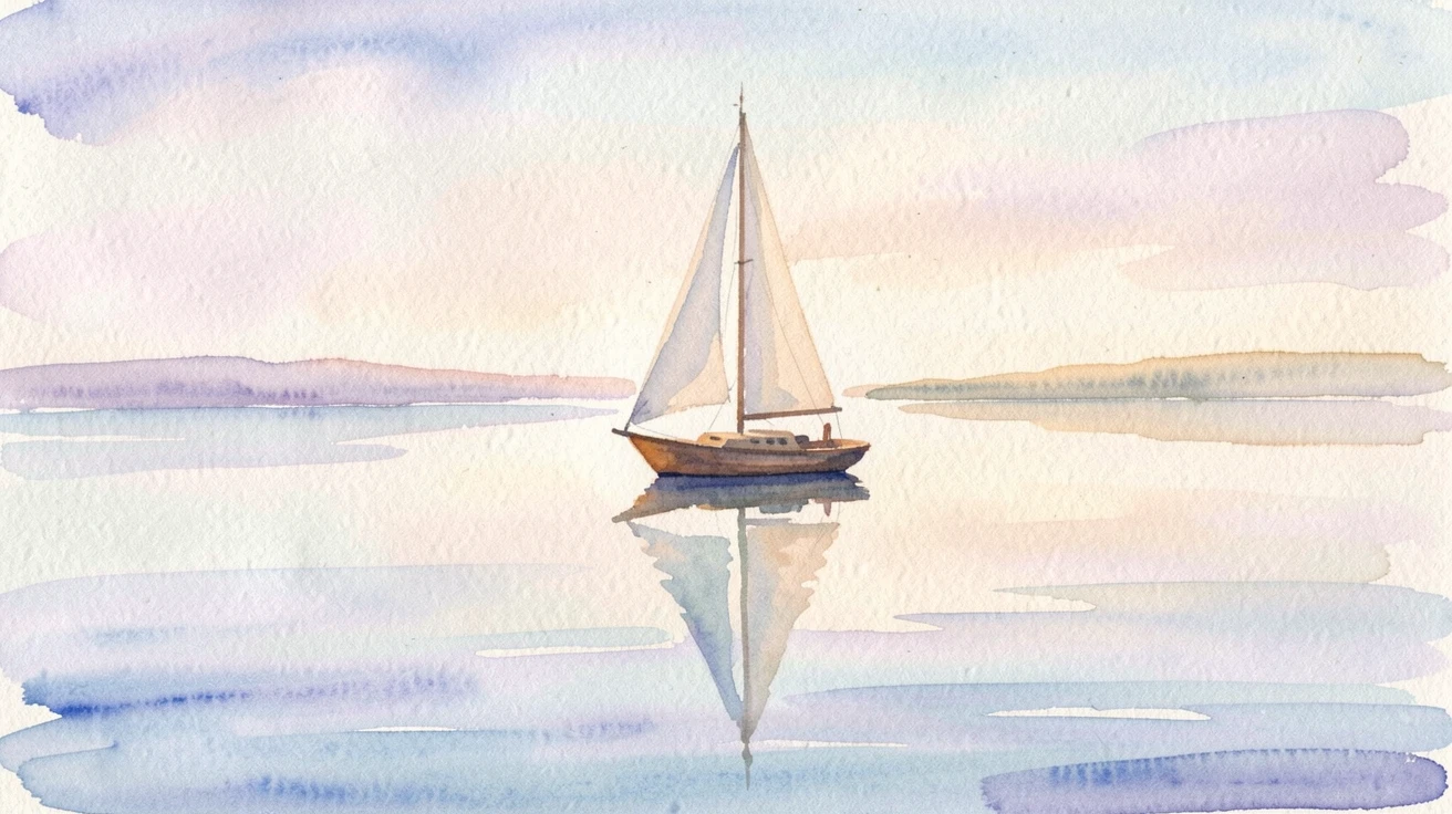 A single sailboat drifting on a calm, glassy sea under a soft and peaceful light.