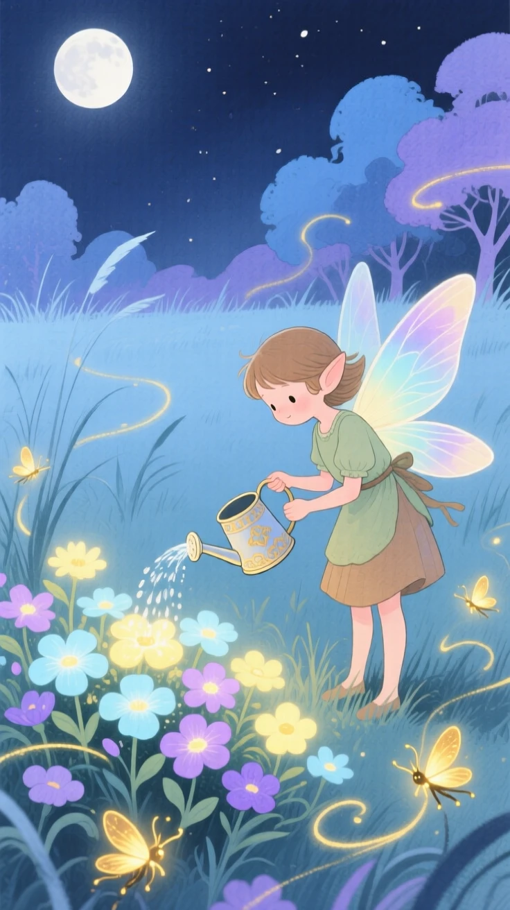 A tiny garden pixie waters a garden of luminous flowers in a moonlit meadow, while fireflies swirl through the air