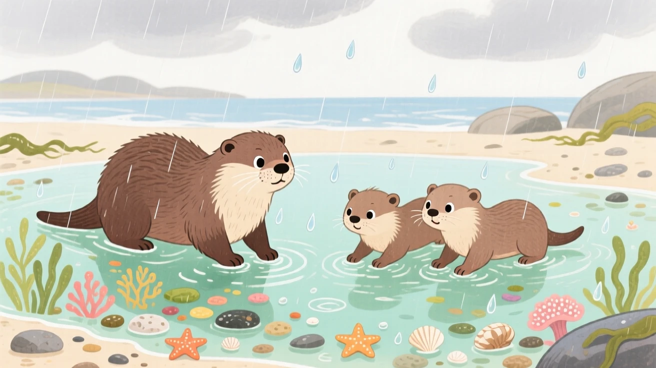 A family of otters exploring a shallow tide pool during a gentle rain.