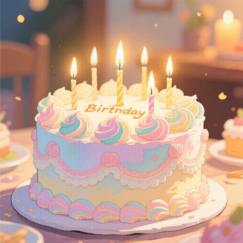 A birthday cake covered in swirls of buttercream and lit candles, evoking warmth, comfort, and togetherness.