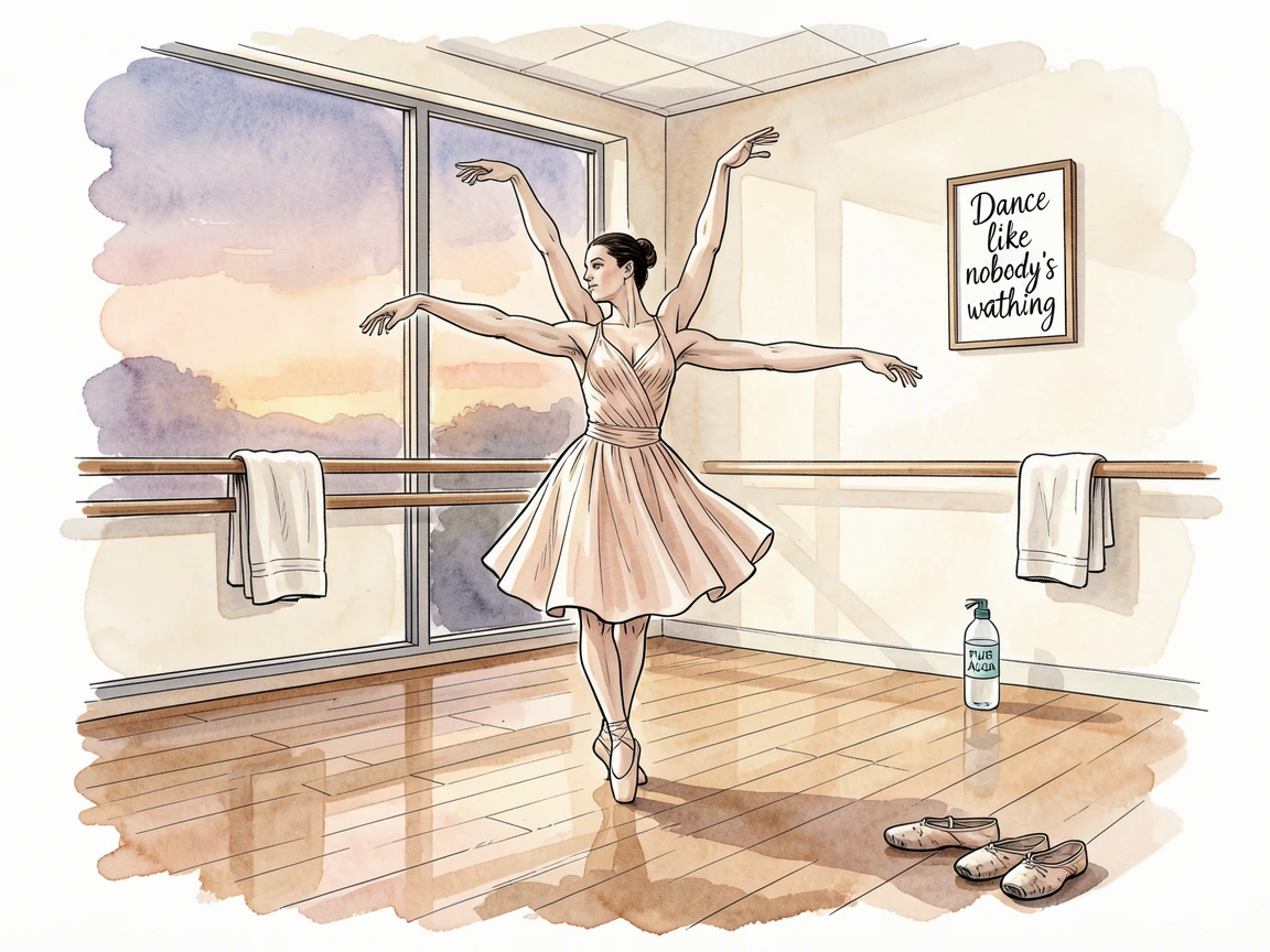 A dancer rehearsing alone in an empty studio at dusk, the scene full of small, comforting details.
