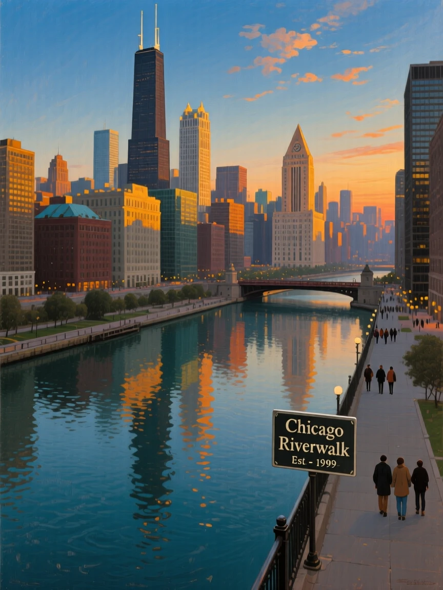A dramatic aerial view of Chicago's skyline reflected in the river below, as the last light of day catches the tops of towers and rooftops, offering a striking, postcard-worthy view of an iconic destination