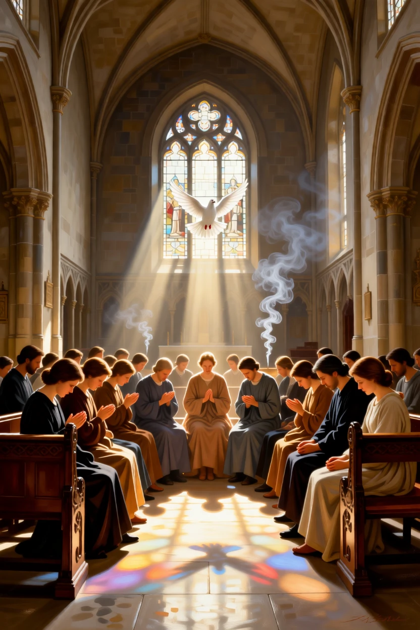 A congregation gathered in hushed reverence beneath stained glass light at the quiet culmination of a long inner journey, set within a sunlit chapel filled with drifting incense smoke, with a single dove or beam of light marking the sacred moment; converging figures form a reverent circle around the central moment, suggesting the enduring comfort of belief and community.