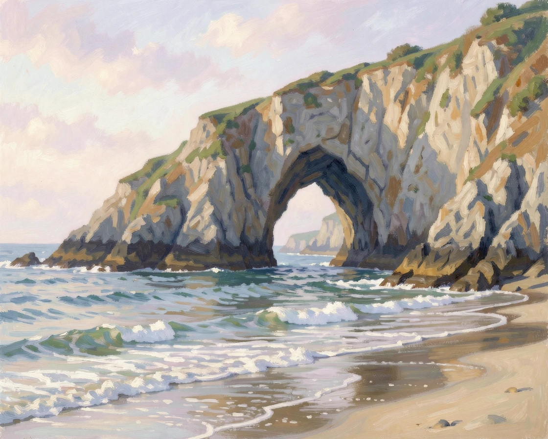 A dramatic sea arch carved into a cliffside, waves rolling gently through the opening at low tide, inspiring awe at the beauty of the scene.