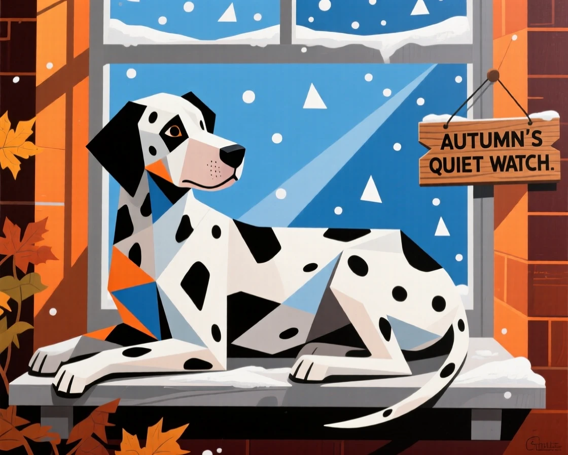 A charming portrait of a spotted dalmatian resting on a windowsill watching falling snow, on a crisp autumn day.