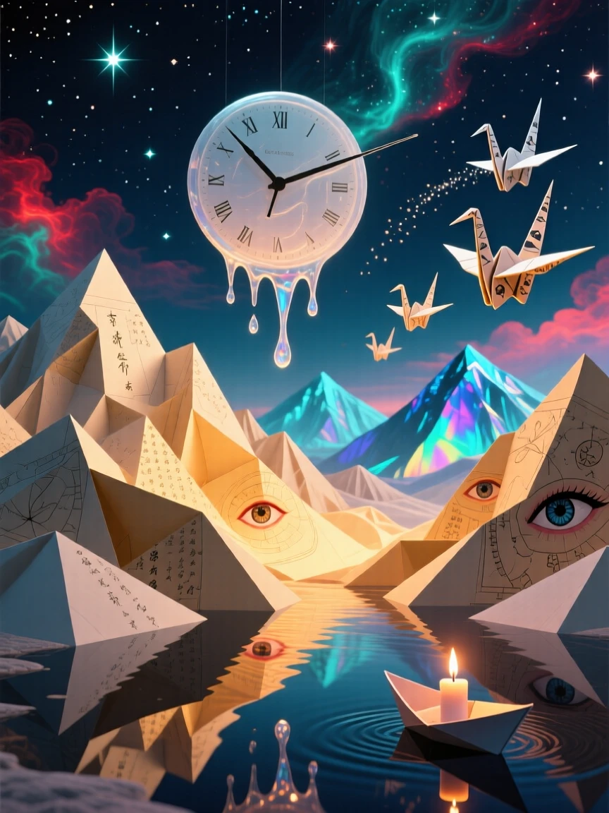 A mountain range that folds and unfolds like paper origami glows softly from within as night settles over it, while distant mountains seem to shimmer like a mirage.
