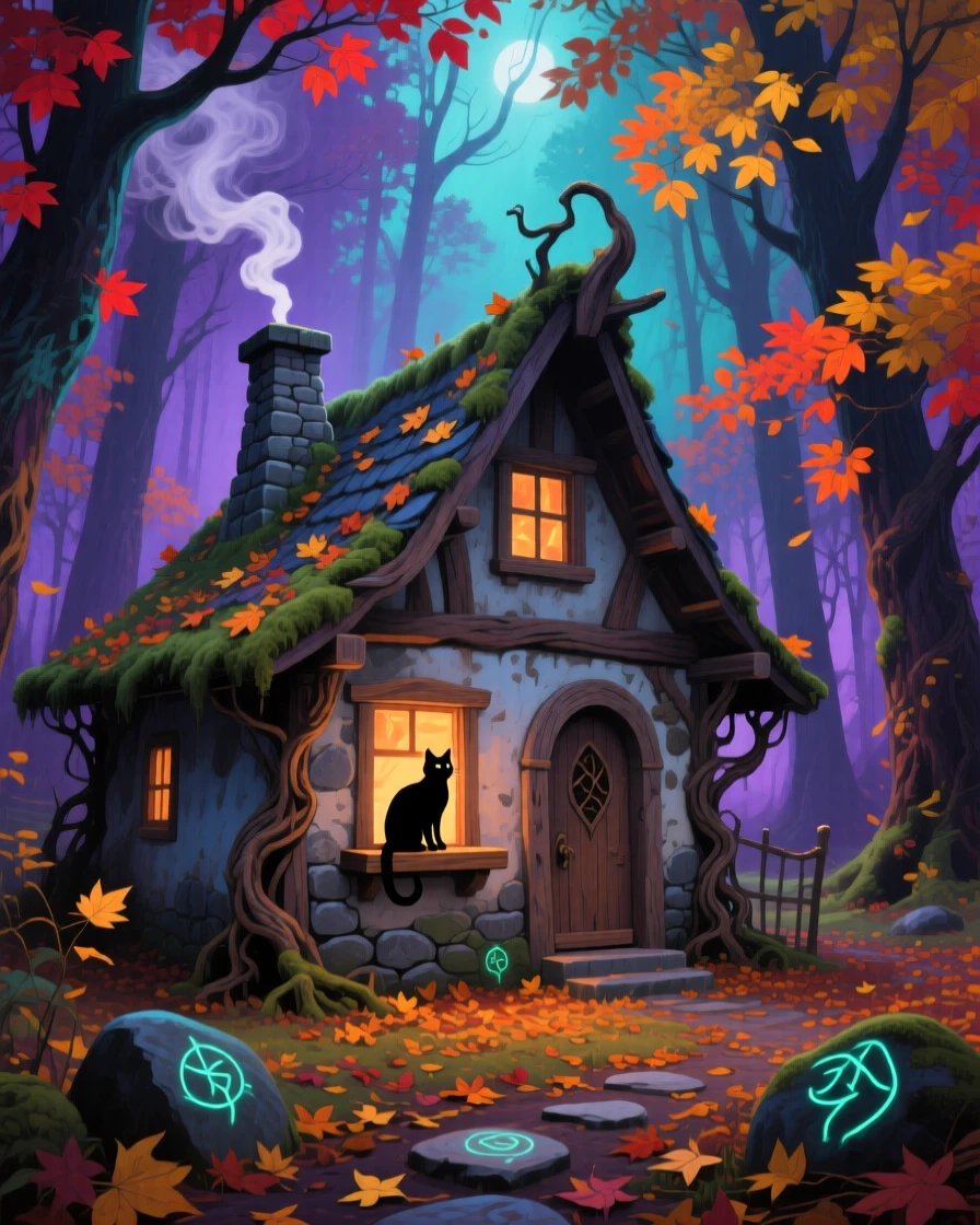 A witch's cottage sits deep in an autumn forest, smoke curling from its crooked chimney as a black cat watches from the windowsill, an otherworldly light source casting soft, unnatural color across the surrounding environment.