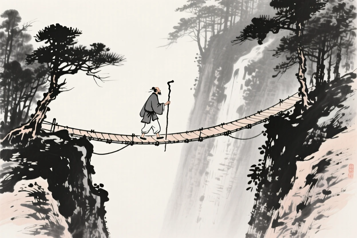 A narrow rope bridge sways gently above a deep forested ravine, as a lone traveler crosses with a walking staff in hand.