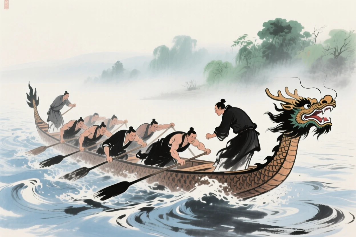 A dragon boat race with rowers straining against a swift river current, touched with gentle melancholy, through swirling morning fog.