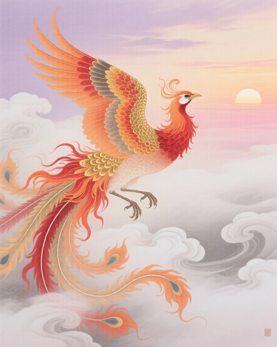 A phoenix wreathed in glowing flame-colored plumage through a swirling mist at dawn