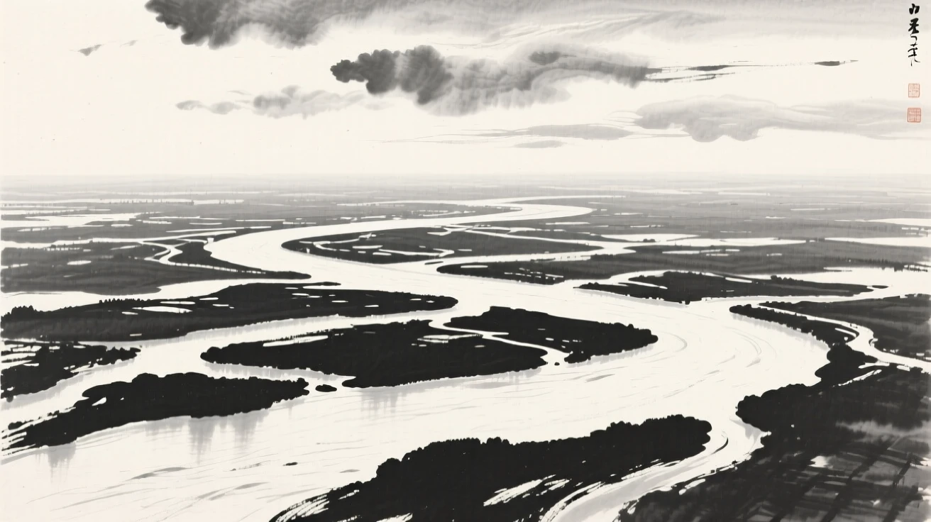 A wide river delta branching into countless quiet channels beneath a canopy of drifting cloud banks, viewed from a high vantage point looking down across the whole scene, capturing a fleeting, serene moment suspended in time.
