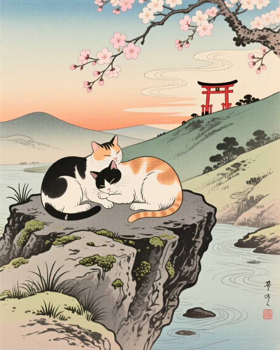 A sleeping cat grooming each other on a rocky outcrop.
