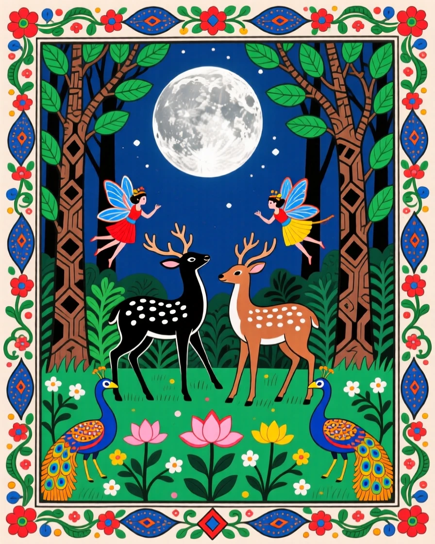 A hidden glade where deer and fairies gather beneath moonlight.