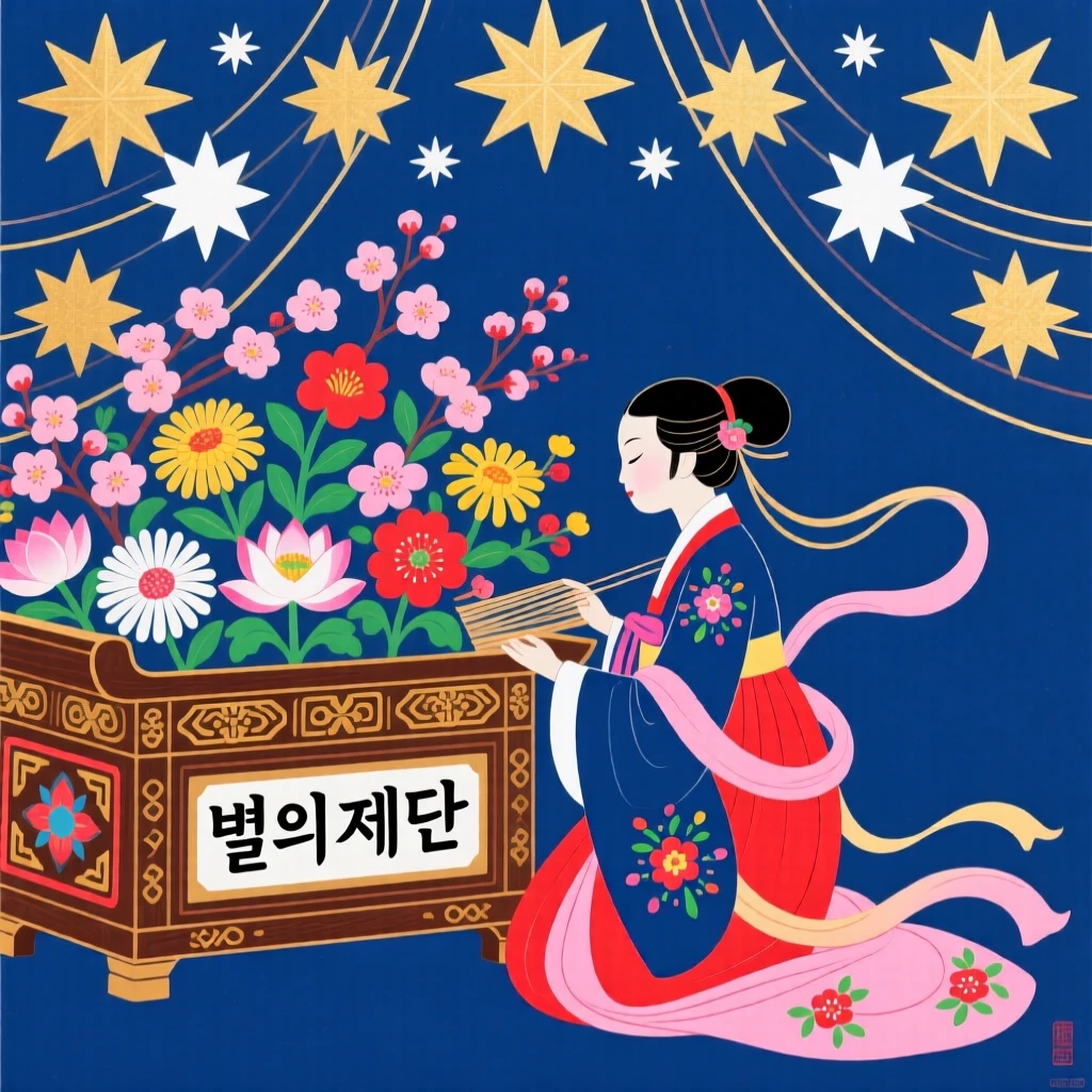A celestial weaver maiden kneeling before an altar covered in fresh flowers, under a canopy of stars.