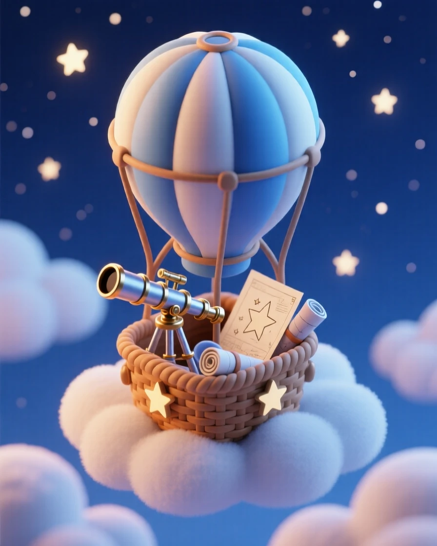 A hot air balloon basket carrying a telescope and star charts, drifting silently above the clouds under a starlit sky.