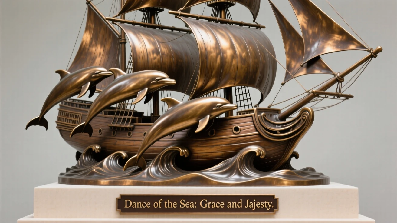 A school of dolphins swimming alongside a ship, in a moment of raw, untamed beauty, evoking wonder and majesty
