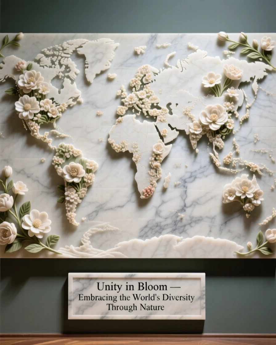 A symbolic, visually striking image of a world map made of blooming flowers, symbolizing unity, rich in meaning and emotional resonance