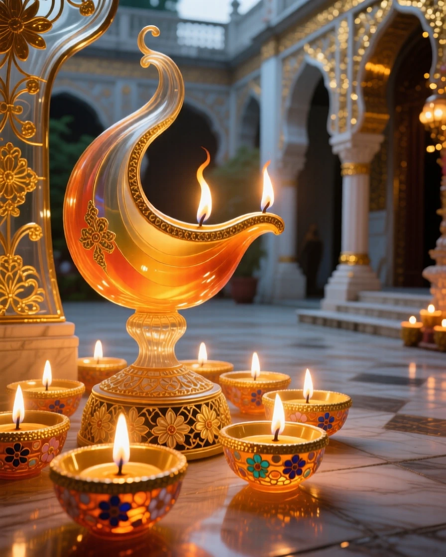 A Diwali display of glowing oil lamps arranged along a temple courtyard, radiant and festive.