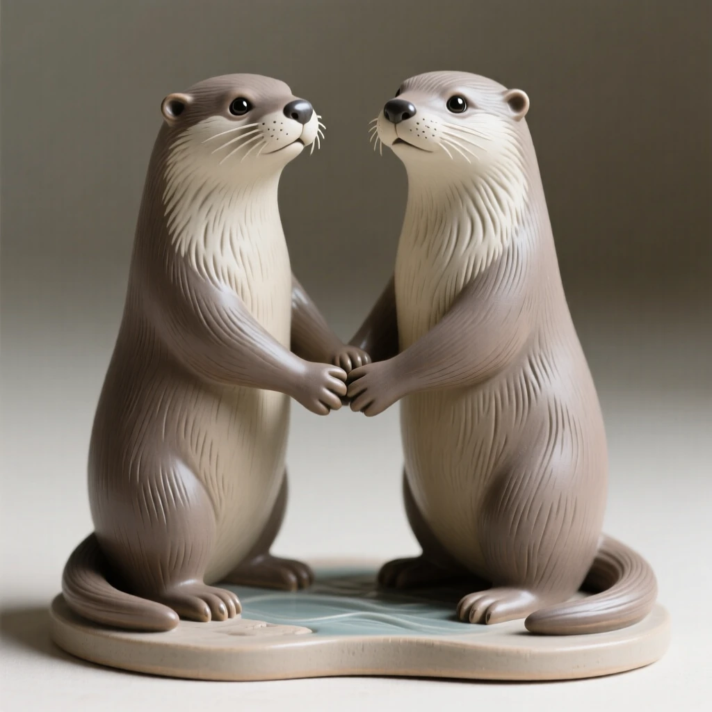 A pair of otters holding hands frozen in a moment of quiet vigilance, with wind rippling through its fur, filling the scene with playful, heartwarming charm.