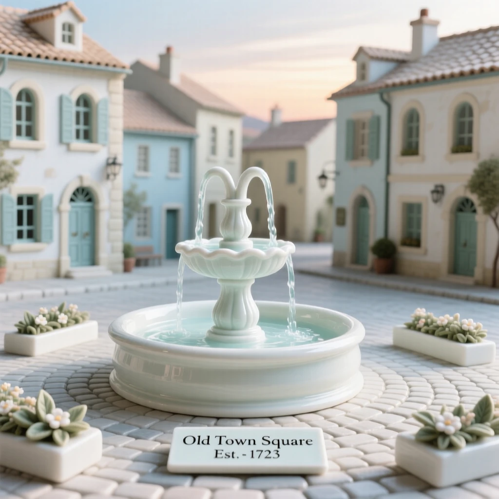 A charming old town square with a central fountain, quietly picturesque in the early morning.