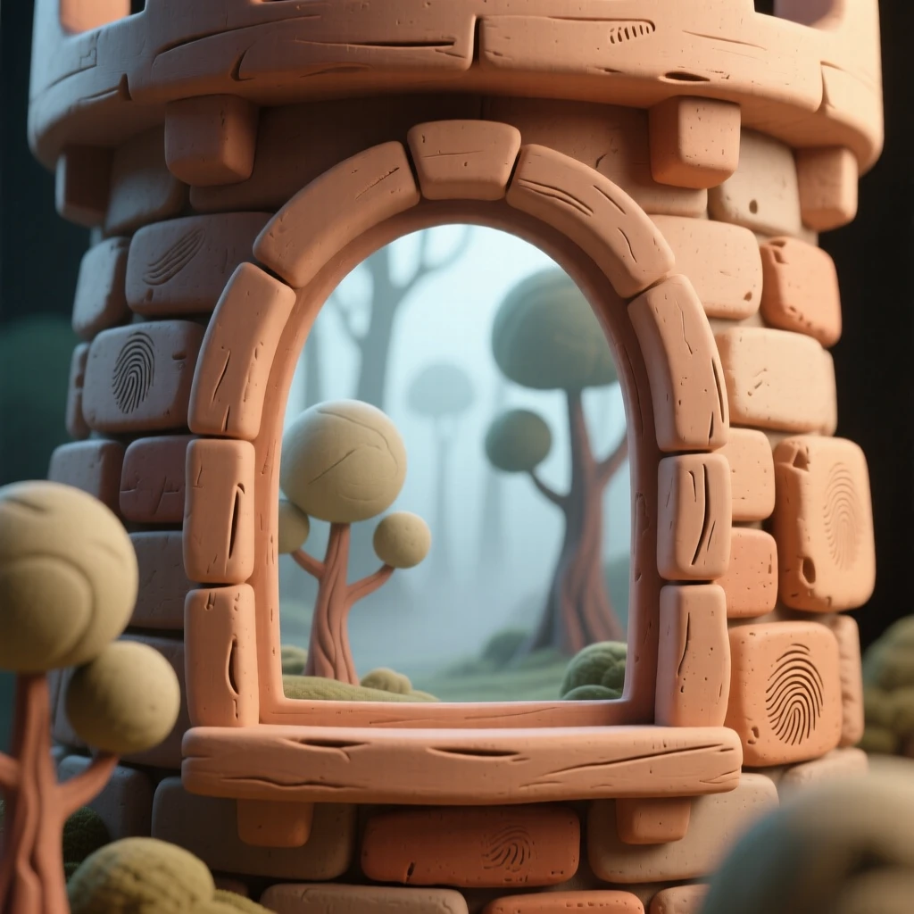 A castle turret window overlooking a misty enchanted forest