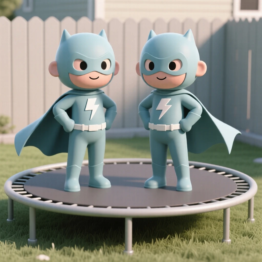 A pair of twins wear matching superhero costumes, striking identical poses on a backyard trampoline.
