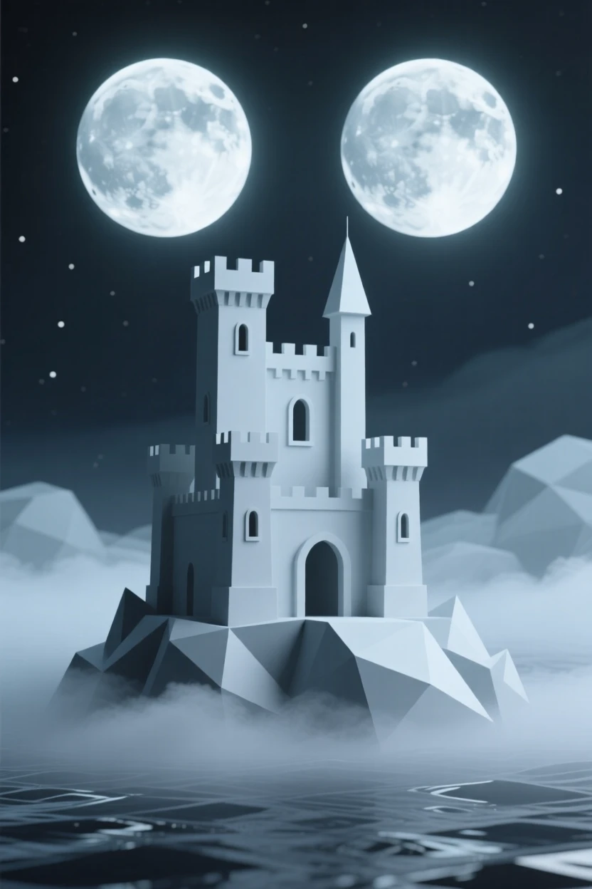 A castle rising from a sea of fog, beneath twin moons glowing in the night sky. the composition frames the subject as a clear focal point. The atmosphere is epic and awe-inspiring.
