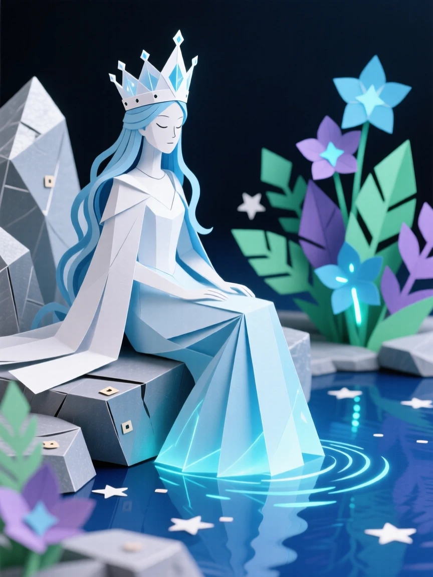 A crowned ice queen resting beside a glowing mystical lake, with luminescent plants lighting the surroundings, evoking ancient power and mystery.