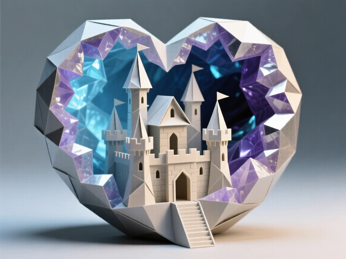 A castle built into the heart of an enormous glowing geode.