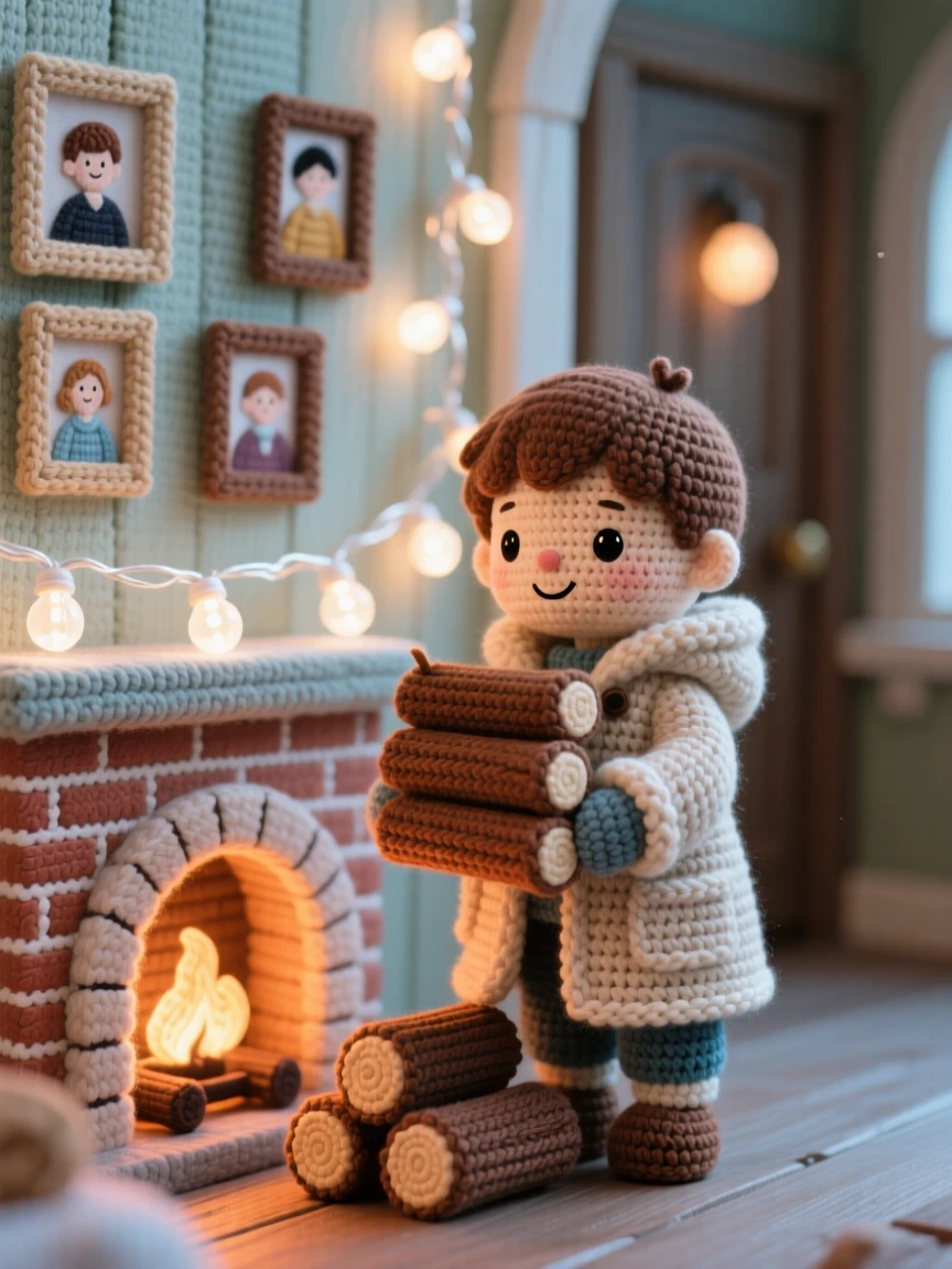 a small boy carrying a stack of firewood, bundled in a warm coat, is shown stacking logs neatly by the fireplace within a quiet hallway lined with family photos beside a string of soft fairy lights along the wall, capturing quiet satisfaction in a small task well done.