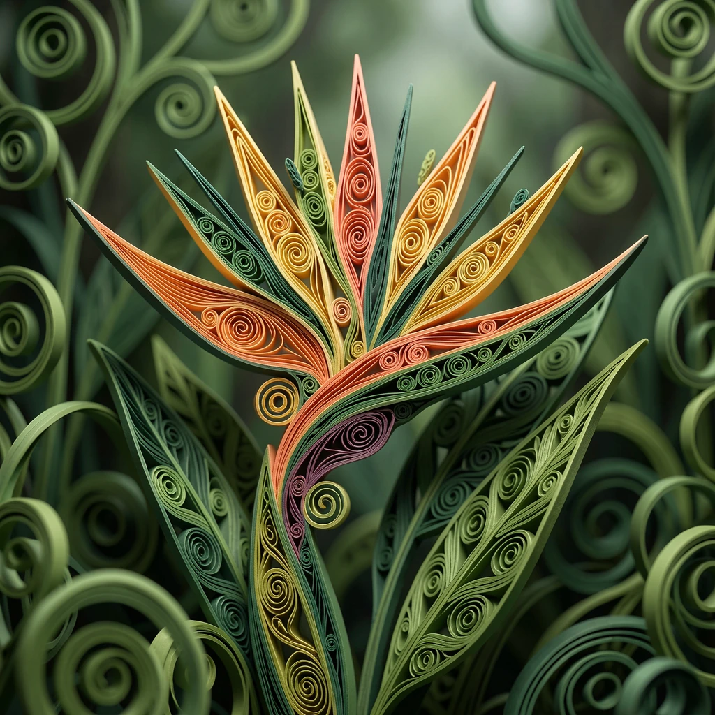 A serene botanical study of a bird of paradise flower in vivid bloom in an overgrown secret garden corner, in a rich gradient of coral, gold, and green, framed by soft out-of-focus greenery.