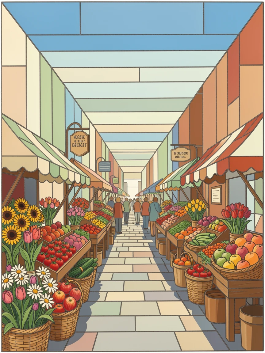 A charming farmers market street lined with fresh flowers and produce, with soft warm lighting and an inviting, peaceful atmosphere.