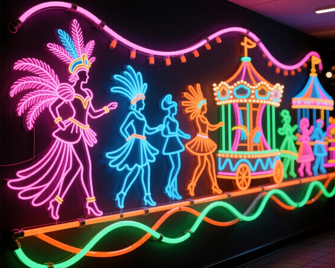 A carnival parade with elaborate feathered costumes and floats.