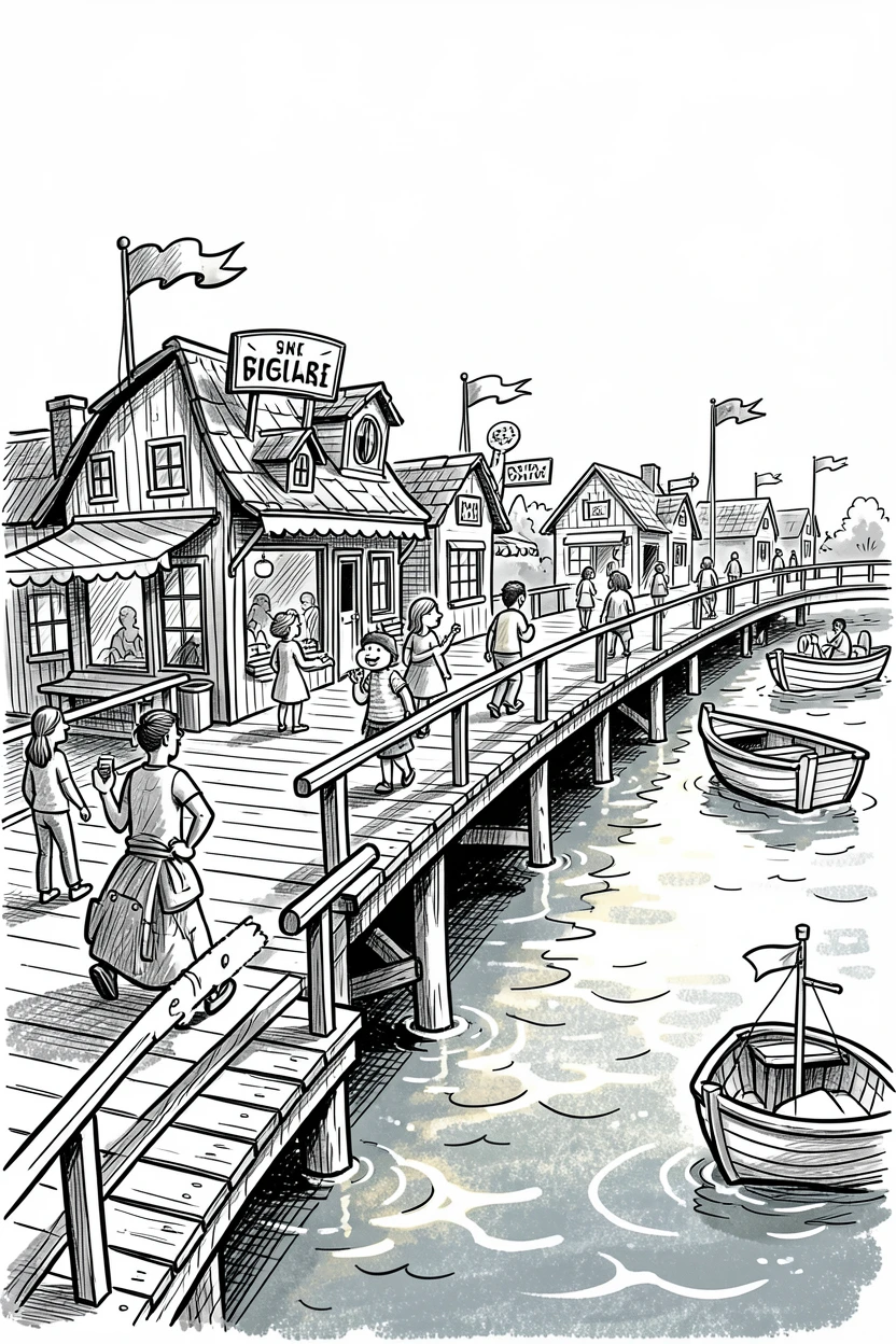 A coastal boardwalk lined with shops along a sun-dappled river path.