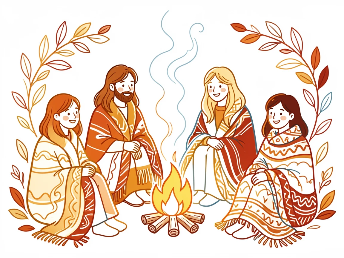 An autumn bonfire gathering with friends wrapped in cozy blankets.