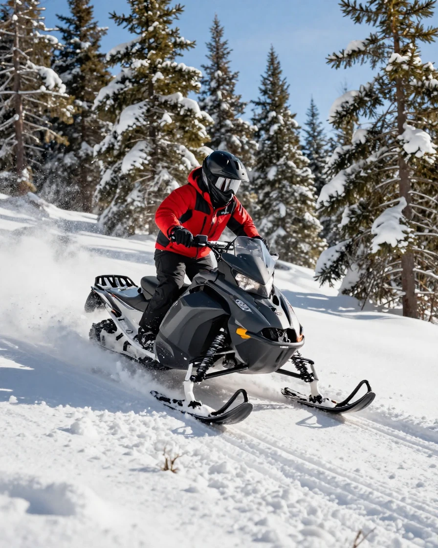 A snowmobiler racing across a snowy backcountry trail