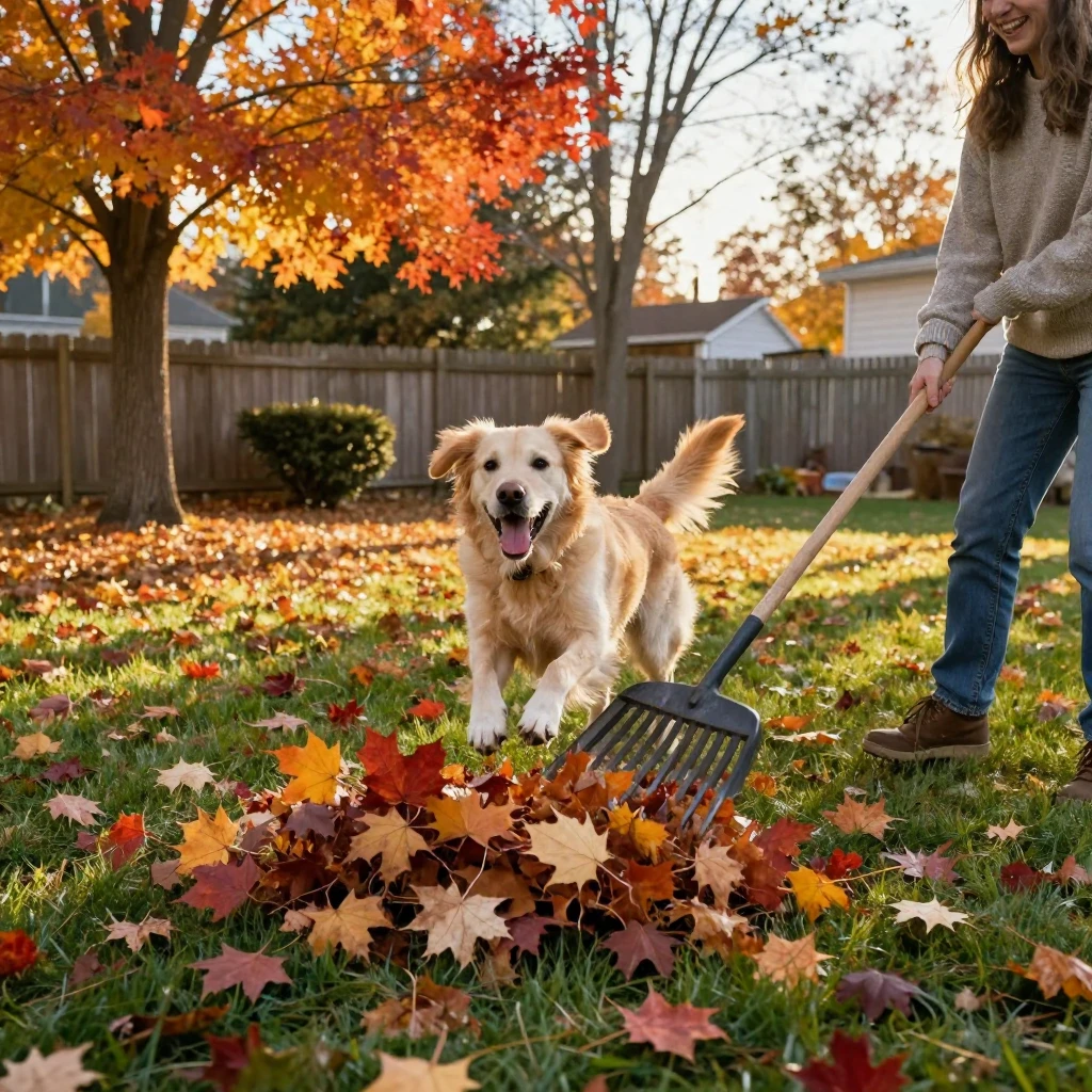 A dog 'helps' rake leaves by immediately jumping into every pile made.