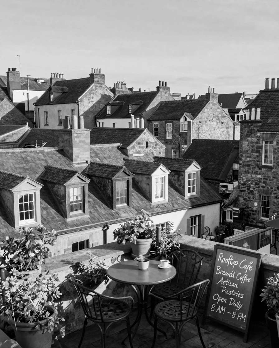 A rooftop café overlooks a maze of old rooftops above a historic old town.