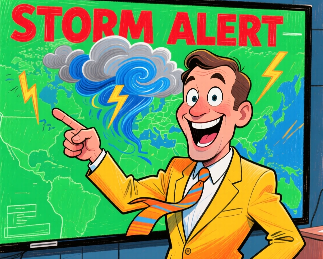 A weather forecaster pointing enthusiastically at a green screen storm map.