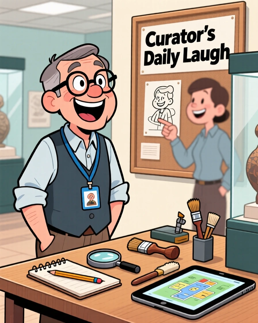 A vibrant profession-themed portrait of a meticulous museum curator laughing at a joke from a coworker mid-shift, with tools neatly arranged nearby.