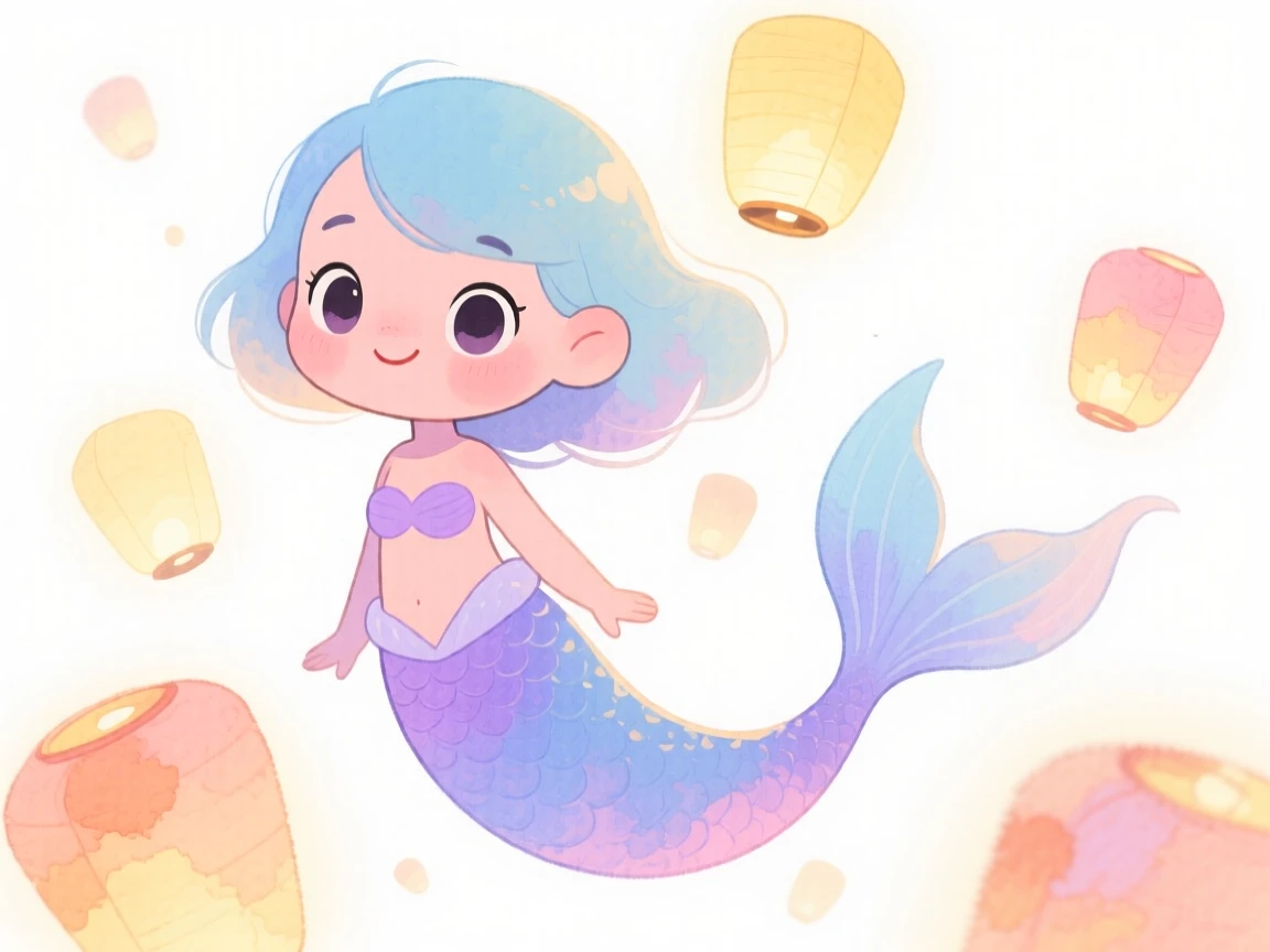 A mermaid surrounded by floating lanterns at twilight