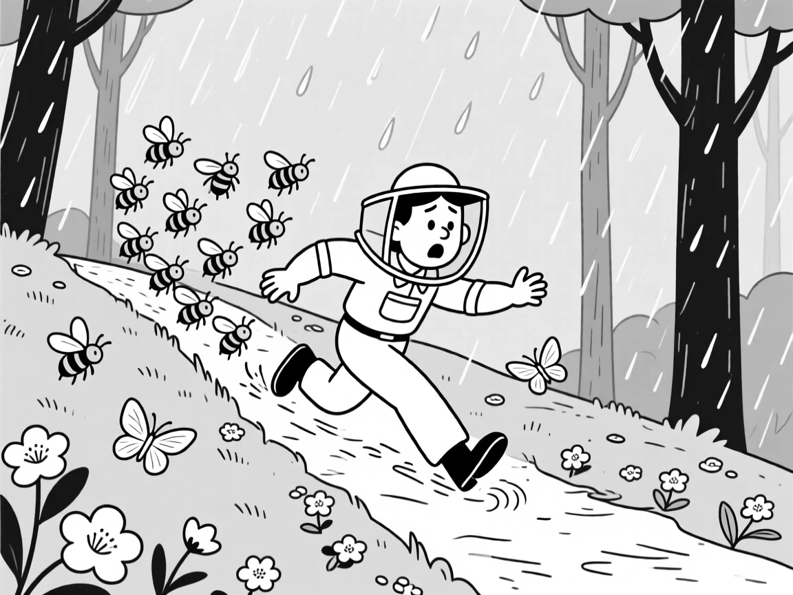 A beekeeper's assistant backing away nervously from buzzing bees, sliding backward down the hill instead of forward, set on a forest trail caught in a sudden downpour. Butterflies drift lazily between the blossoms. The image feels like a breath of fresh outdoor air.