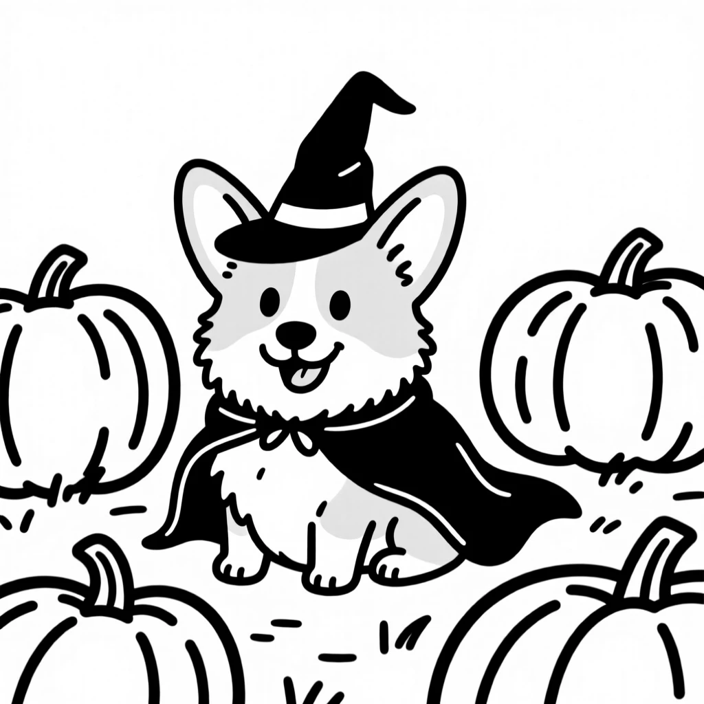 A fluffy corgi dressed as a tiny witch or wizard for Halloween, sitting in a pumpkin patch.