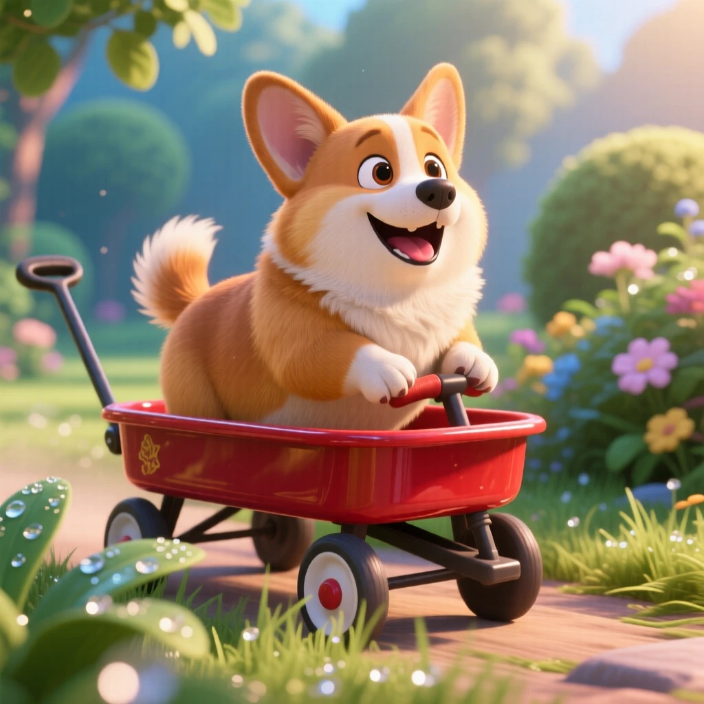 A chubby corgi is riding in a small red wagon, wagging its tail happily. A quiet, comforting sweetness surrounds the scene, with dew drops glistening nearby.
