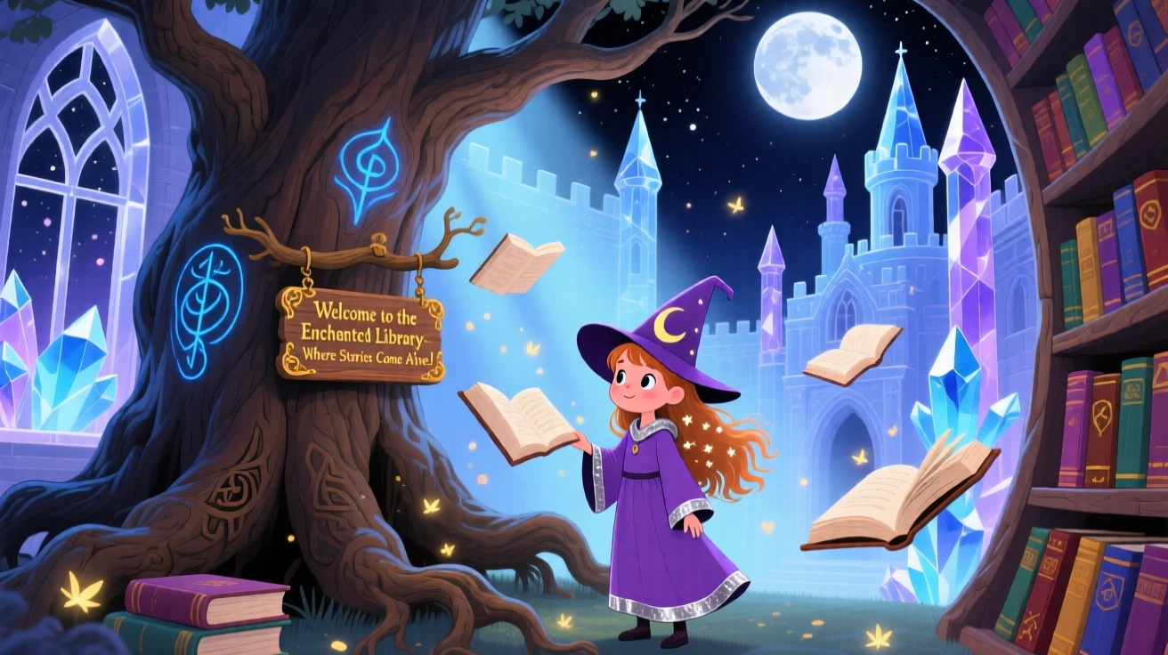 A young sorceress is discovering a hidden library inside a giant oak in a castle made of crystal, with the whole scene bathed in soft moonlight.