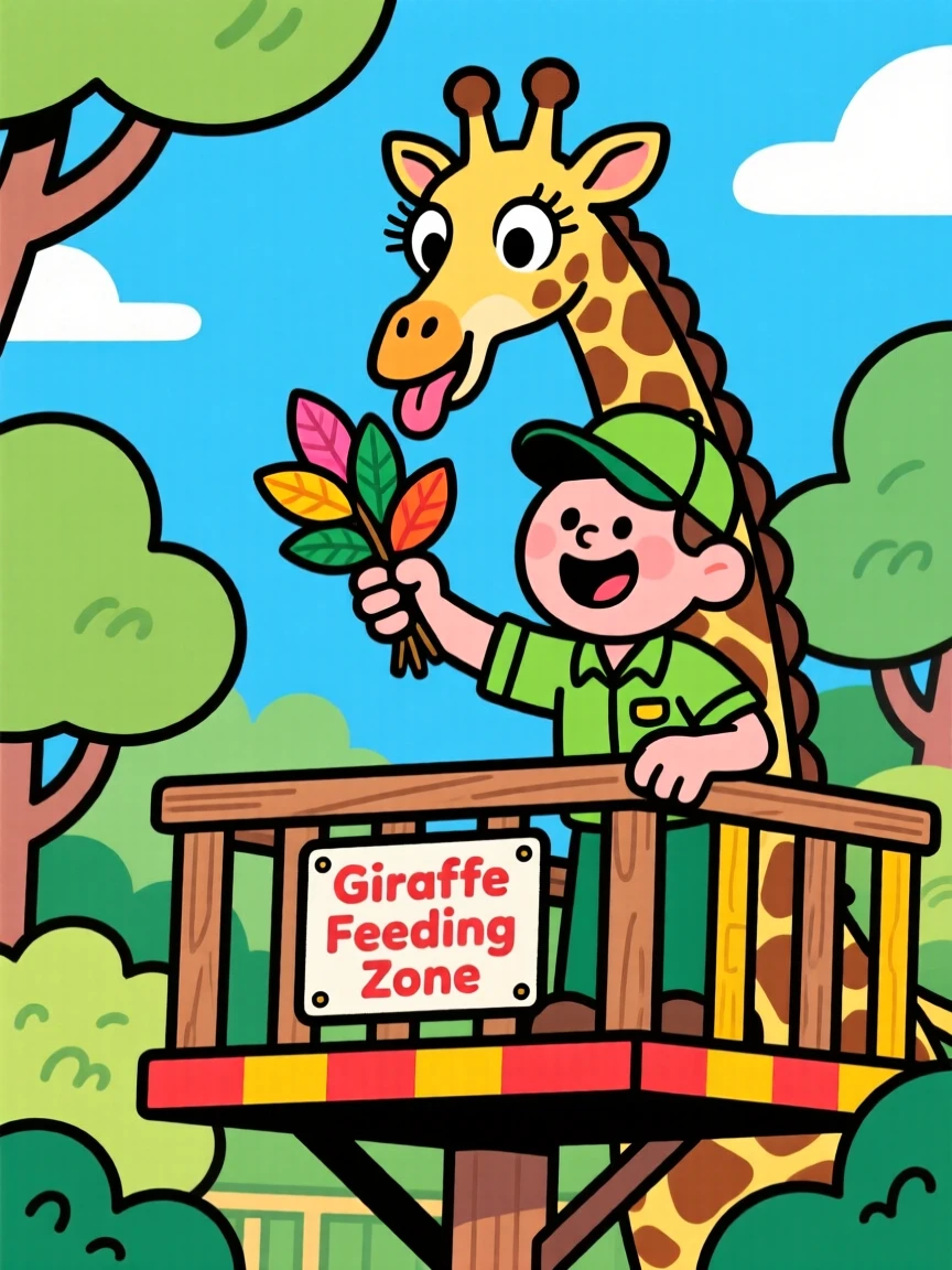 A zookeeper feeding a giraffe from a raised platform.
