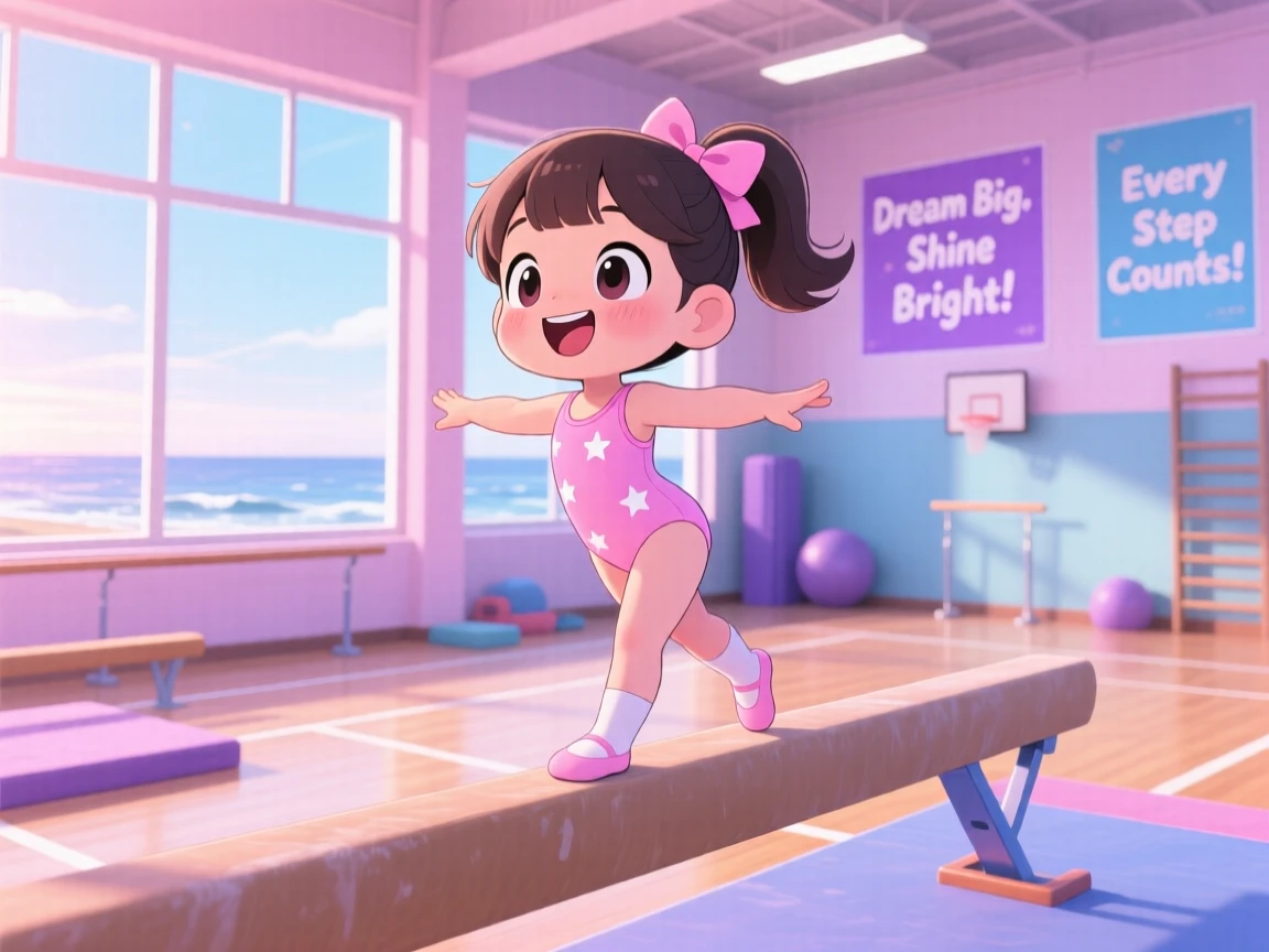In a bright gymnasium, a young gymnast is balancing on a low wooden beam on a breezy coastal afternoon, bathed in soft pastel light of dawn, expression full of delighted joy. Shot as a worm's-eye view.