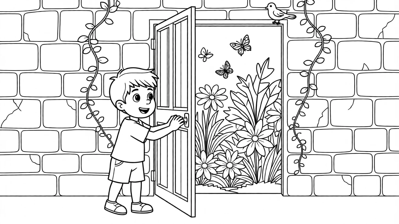 A child discovering a secret garden behind an old stone wall