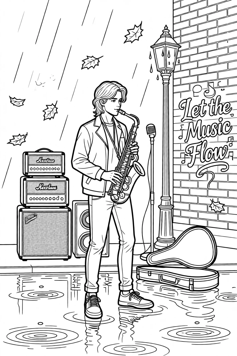 A saxophone player performing on a rain-soaked street corner, with amplifiers stacked in the background.