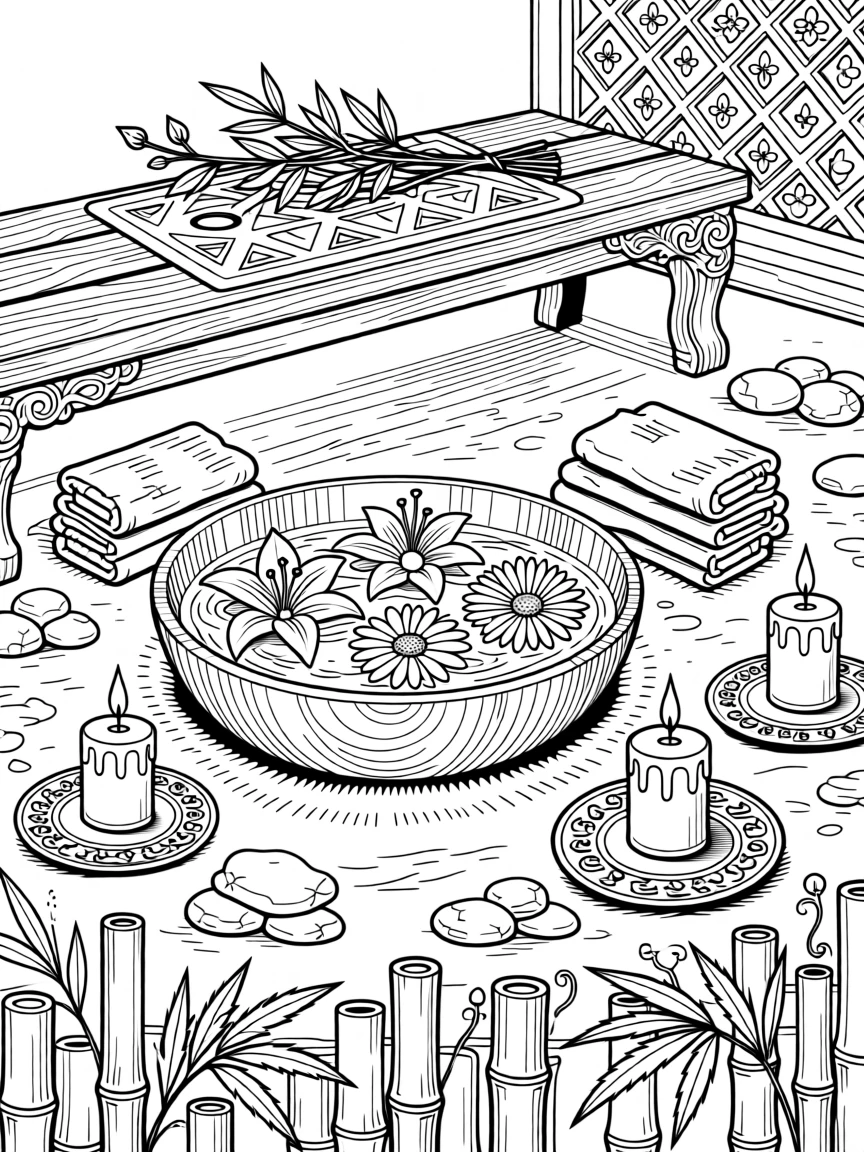 A spa scene with candles, folded towels, and a bowl of floating flowers.